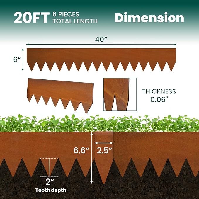 Corten Steel Landscape Edging 6" H x 40" L Metal Landscape Edging, 6 Pack Hammer-in Metal Garden Edging, Thickened Pre-Rusted Steel Edging for Landscaping with 6 Clips, Lawn Yard GZGNEEVL (20Ft Total)