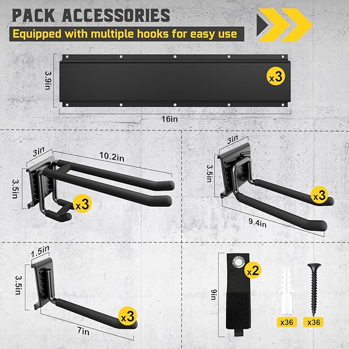 48" Garage Tool Organizer Wall Mount, 660lbs Heavy Duty Steel Garden Tool Storage Rack with 9 Adjustable Hooks for Yard, Shed, Garage (3 Racks, 9 Hooks, 2 Straps)