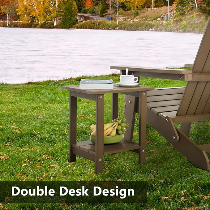 Meluvici Double Adirondack Outdoor Side Table Weather Resistant, Outdoor Rectangular Patio End Table for Adirondack Chair, Teak