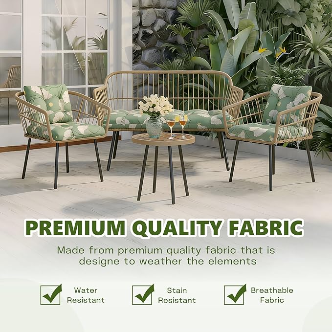 Wicker Chair Cushions Set, 2 U-Shaped Cushions & 1 Loveseat, Waterproof Outdoor Loveseat Cushion for Patio Furniture, Settee Bench Pad All Weather,Ginkgo