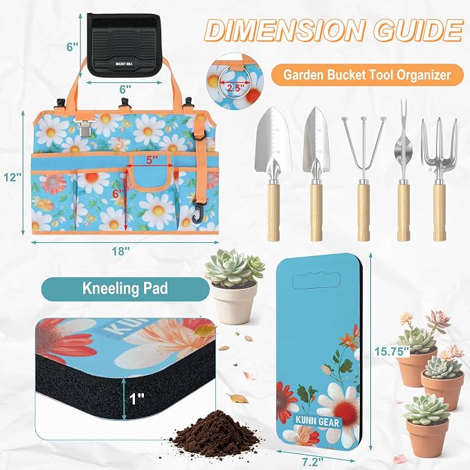 KUNN 5 Gallon Garden Bucket Tool Organizer & Kneeling Pad Set, 18-Pocket Heavy Duty Garden Caddy with Hangable Handle, Polyester Tool Bag with Grip Handle & Gardening Kneeling Pad for Women, Orange