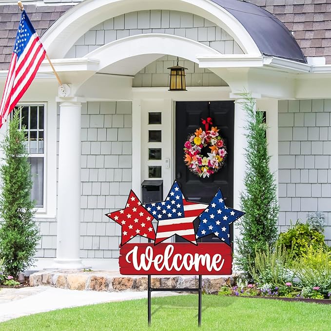 JarThenaAMCS Patriotic Metal Garden Stakes Vintage 4th of July Star Decorative Lawn Sign Welcome Yard Sign for 250th Anniversary Independence Day Home Outside Lawn Porch Decor