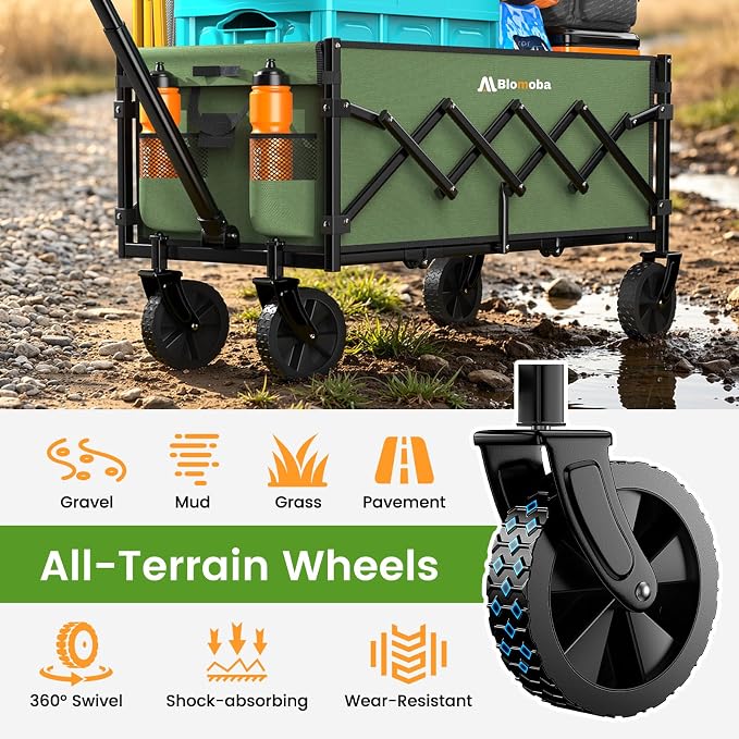 35'' Extra Long Collapsible Wagon with Wheels, 220 LBS Folding Wagon with 360° Swivel Wheels Adjustable Handle, Lightweight Portable Utility Cart for Grocery, Shopping, Garden, Sports, Camping, Green