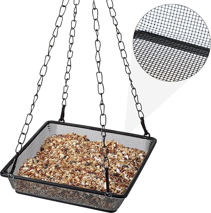 2 Pieces Metal Hanging Bird Feeder Tray, Mesh Bird Feeding Seed Tray Platform with Chains Outdoor Garden Decoration for Hanging Wild Backyard(Black)