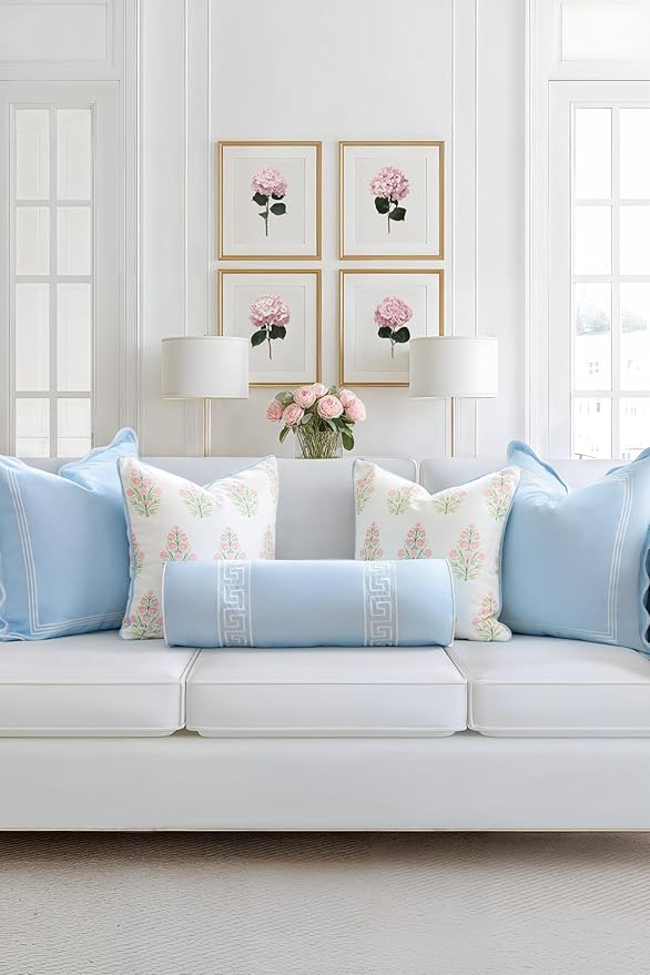 Hofdeco Premium Coastal Grandmillennial Patio Indoor Outdoor Bolster Pillow Cover Only, 8"x24" Water Repellent for Backyard, Couch, Poolside, Baby Blue Embroidered Greek Key