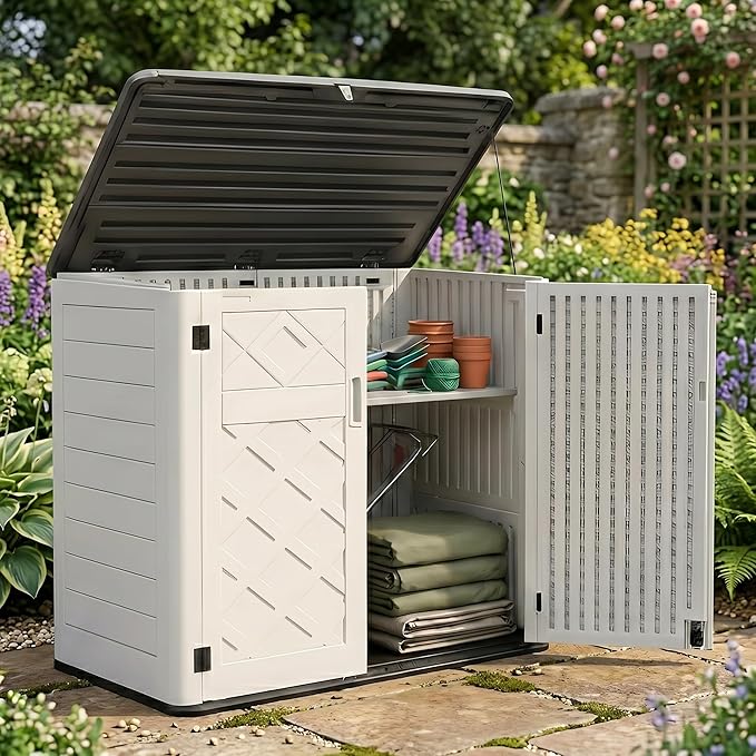 Outdoor Storage Shed, 38 Cu. Ft Weatherproof Cabinet, Horizontal Storage Box for Backyard, Patio, Pool, Garden, No Shelf Included (White)