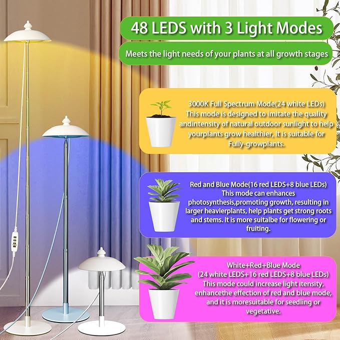 LED Floor Grow Lights for Indoor Plants, Corner Stand Full Spectrum Plant Growing Lamp, 10 Dimmable Levels Auto 3/6/9/12H Timer Grow Light, Height Adjustable for Large Tall Plants