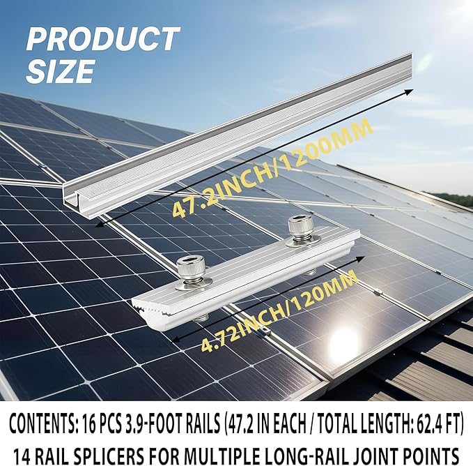 Solar Panel Mounting Rail Kit for 10 x 320W Panels, Includes 16 x 47.2 Aluminum Rails, Adjustable Clamps, L-Brackets & Grounding Hardware, Racking System for Metal, Tile, Shingle Roof