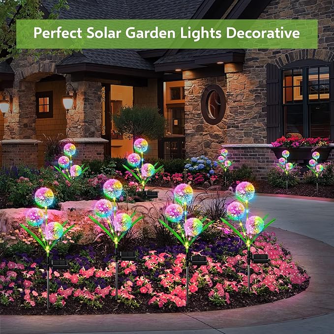 WdtPro Solar Lights Outdoor Garden Decor, 4 Pack 12 Heads Solar Flower Lights, 2 Modes 144 LEDs Dandelion Light & Glowing Stems, Brighter Waterproof Decorative Garden Lights for Yard, Patio, Gifts