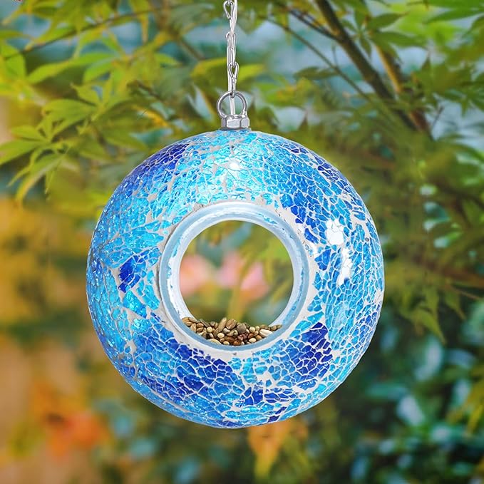 Yinns Solar Bird Feeder - Mosaic Fly Through Bird Feeders for Outside Hanging with Round Shape Glass Container Birdfeeder for Garden Decor, 8 Inch