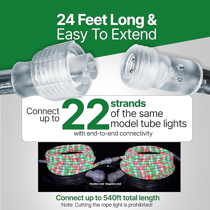 Tupkee LED Rope Light Red, Green, and Clear - 24 Feet (7.3 m), for Indoor and Outdoor use - 10MM Diameter - 144 LED Long Life Bulbs Halloween Decorative Rope Tube Lights