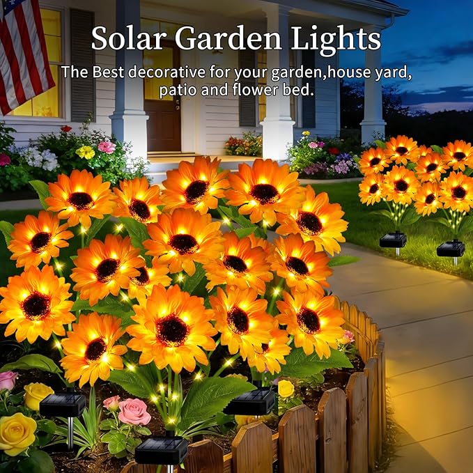 Solar Garden Lights Outdoor, 4 Pack Solar Sunflower Lights with 18 Head 3.4 Inch Flowers, Waterproof Flowers Light Fall Decor Auto ON/Off for Garden Yard Patio Backyard, Gifts for Mom Women