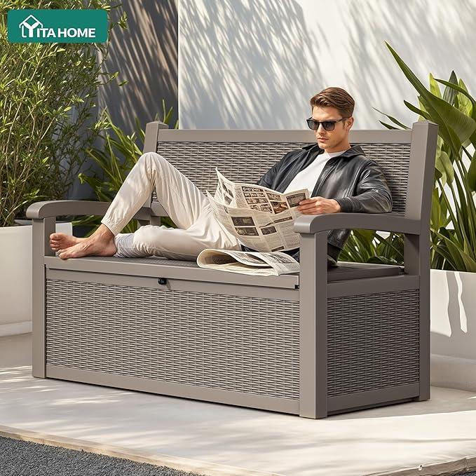 YITAHOME 70 Gallon Storage Bench Deck Box, Lockable Patio Bench, Waterproof Outdoor Pool Deck Storage for Patio Cushions, Garden Tools and Pool Supplies, Light Brown
