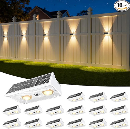NIORSUN Solar Fence Lights Outdoor, 16 Pack Up and Down Waterproof Solar Wall Lights, Fence Lights with Lens, Warm & Cool White + RGB, Dusk to Dawn Lighting for Patio, Backyard, Pool, Railing (White)