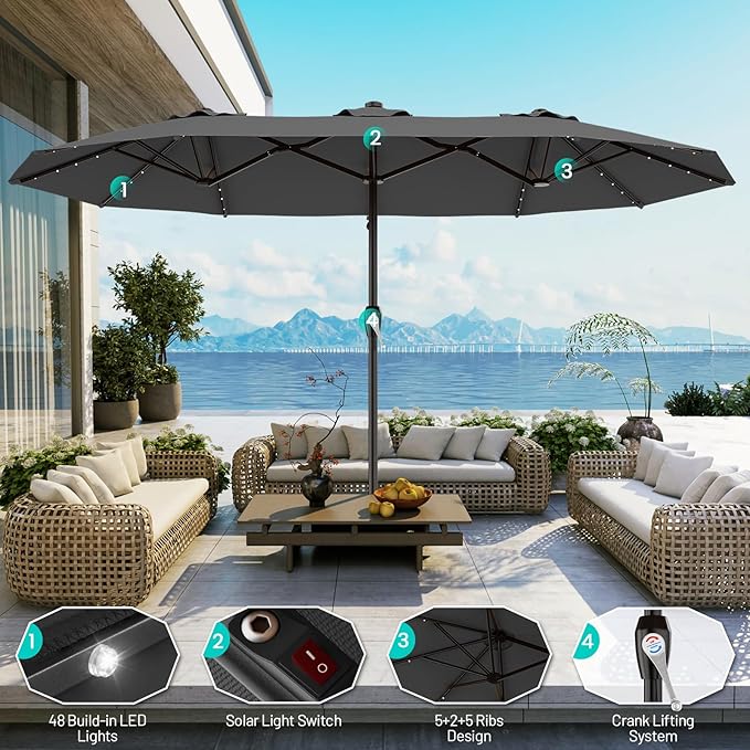 AreShark 15FT Patio Umbrella with Solar Lights, Double Sided Outdoor Table Umbrellas with Crank, Large Rectangular Market Umbrella for Porch, Lawn, Pool, Backyard, Gray
