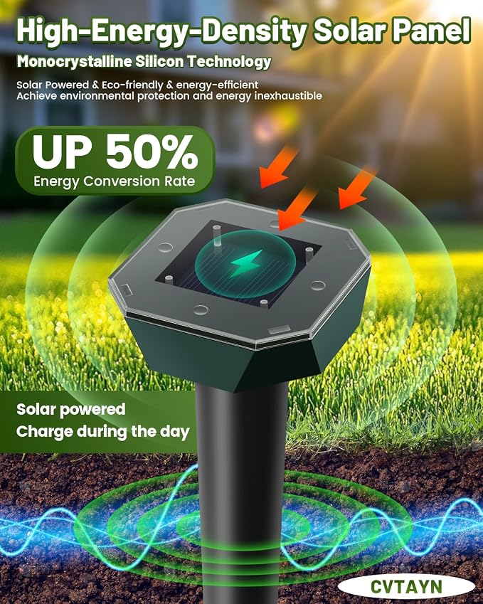 Snake & Mole & Rabbit & Skunk Repellent Solar Powered, Upgraded Ultrasonic Deterrent, IP65 Waterproof, Gopher Groundhog Chipmunk Raccoon and Vole Repellent & Deterrent for Lawn & Garden, 4 Pack