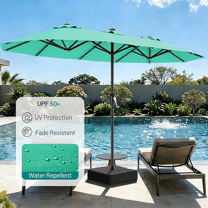 AreShark 15FT Patio Umbrella with Solar Lights, Double Sided Outdoor Table Umbrellas with Crank, Large Rectangular Market Umbrella for Porch, Lawn, Pool, Backyard, Peacock Blue