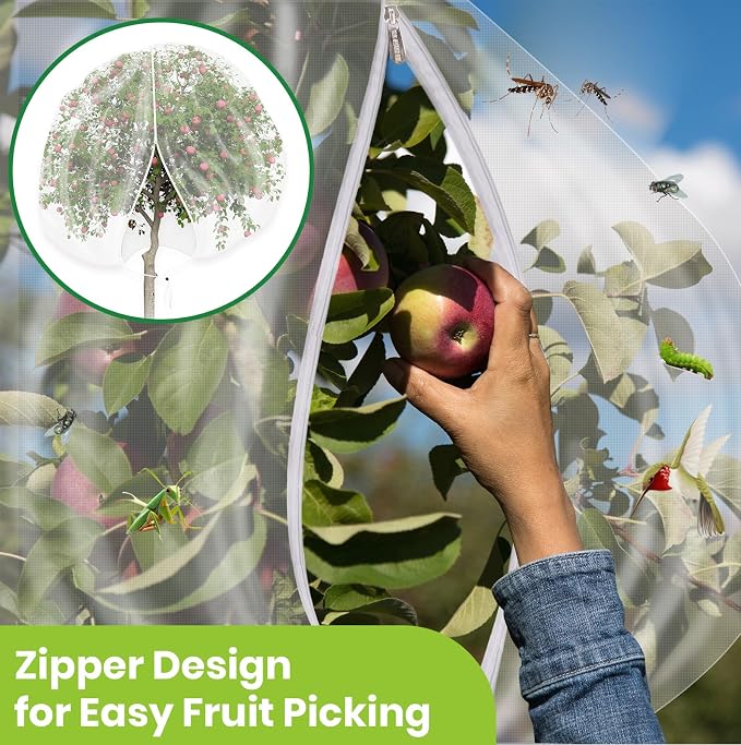 2Pcs Large 10x10FT Fruit Tree Netting with Zipper, Drawstring - Mesh Bags Covers for Garden Protection - Insect Bird Tree Nets for Fruit Trees, Blueberry Bushes, Flower and More