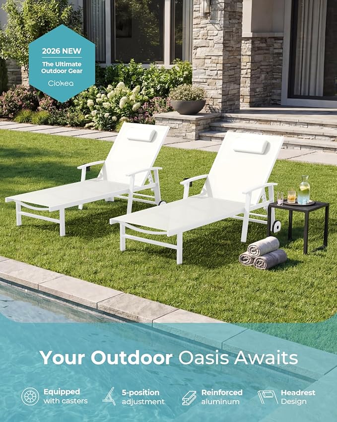 Ciokea Outdoor Lounge Chair with Pillow Set of 2, 5-Position Aluminum Chaise Lounge with Wheels & Armrests, 400 lbs Heavy Duty Patio Pool Chair for Backyard, Deck, Beach & Poolside, White