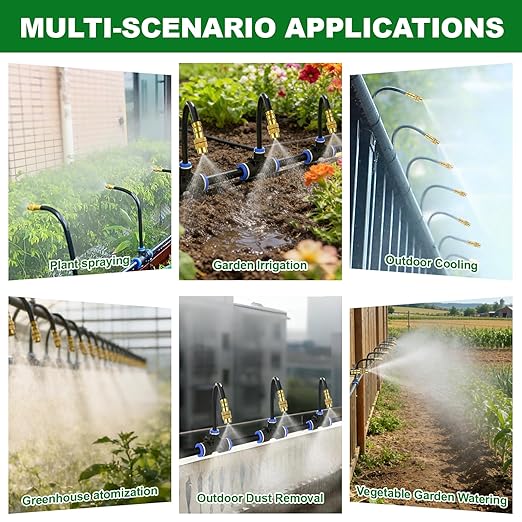 Drip Irrigation System, 100FT 1/4" Garden Watering for Outdoor Plants & Raised Beds, 30pcs Upgraded Brass Nozzles 360° Adjustable Misting Kit, UV-Resistant Tubing for Greenhouse, Lawn & Patio Cooling