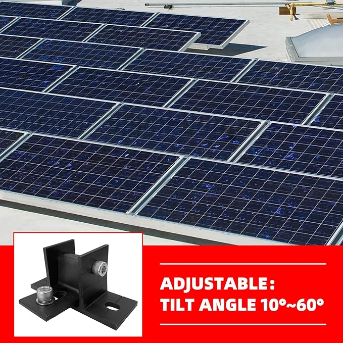 2 Pack Adjustable Solar Panel Tilt Mount Bracket Base, Tilt Angle 10-60 Flat Roof Mount Holder, RV Solar Panel Mounts Clamp