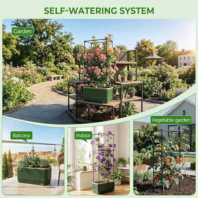2Pack Raised Garden Bed Tomato Planter with Trellis, Self Watering Tomato Planter with Water Level Indicator, Larger Rectangular Tomato Cages for Indoor & Outdoor Climbing Vegetable and Plants (2)