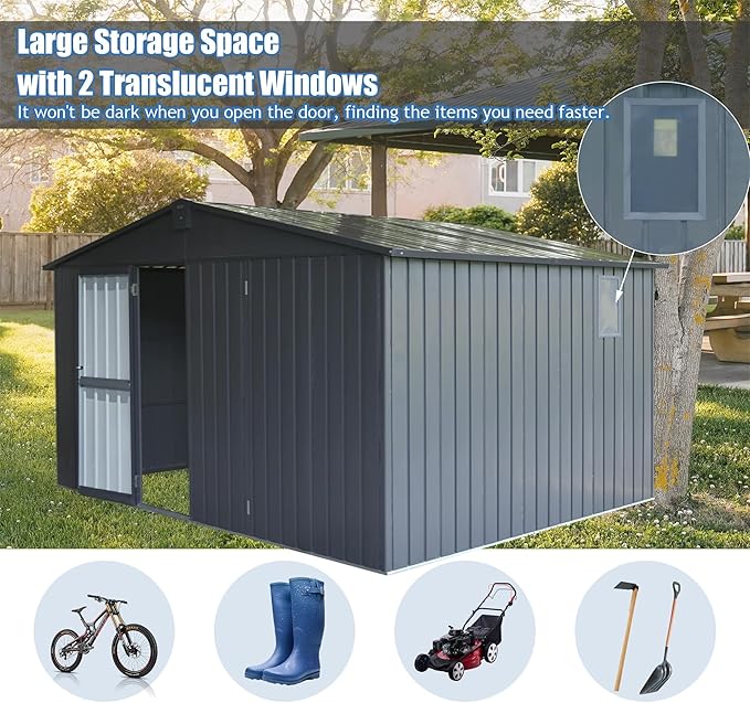 Christopher Knight Home Avonn Backyard Storage Shed 11' x 12.5' with Galvanized Steel Frame & Windows, Outdoor Garden Shed Metal Utility Tool Storage Room with Lockable Door for Patio(Dark Gray)
