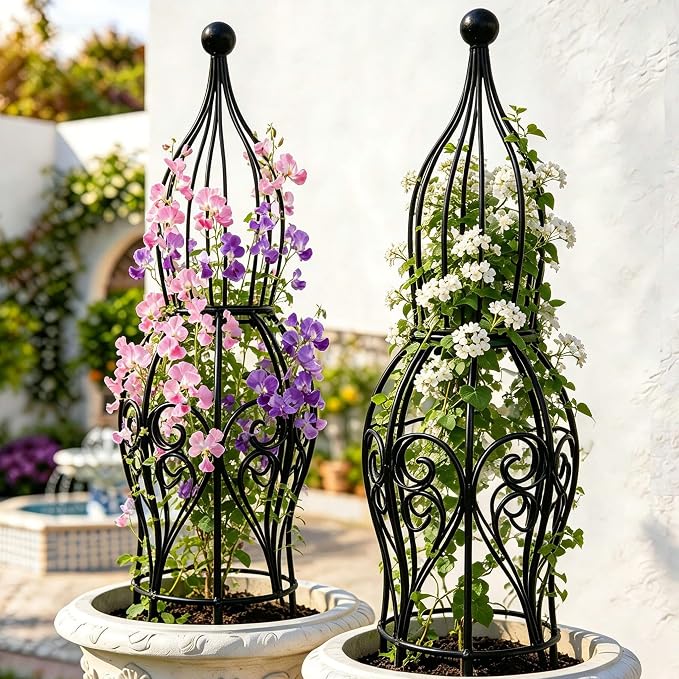 2-Pack Metal Garden Obelisk Trellis, 26.4" Butterfly Rose Plant Support | fits 9-12in planters,metal topiary trellis for roses clematis ivy jasmine, 2-pack patio outdoor plant support