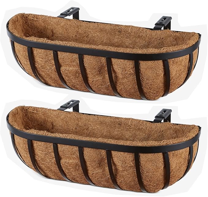 2 Packs Planter Box for Deck Railing 24" Black Metal Hanging Planter Basket with Coco Coir Liner Metal Window Planter Plant Holder Flower Pots