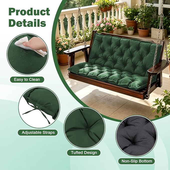 Porch Swing Cushions, 47x40 Inch Swing Cushions for Outdoor Furniture, Waterproof 2-3 Seater Patio Seat Cushion with Backrest, Replacement Bench Cushion for Glider, Settee, Forest Green