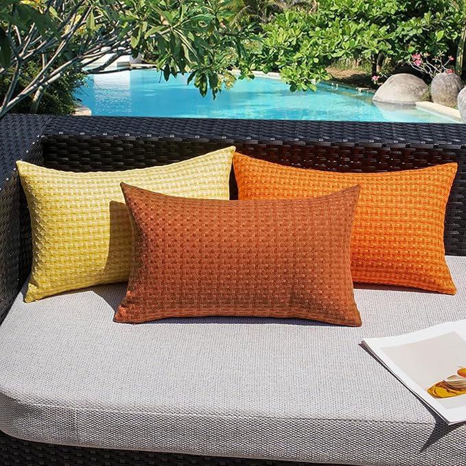 Kevin Textile Fall Outdoor Waterproof Throw Pillow Covers Pack of 2 Boho Farmhouse Decorative Lumbar Cushion Covers for Garden Patio Tent Balcony Bench Couch Sofa 14x24 Inch, Burnt Orange