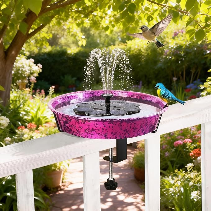 Metal Deck Bird Bath for Balcony Railing, Metallic Purple & Blue 11.5” Bathing Bowl & Feeder with Adjustable Steel Clamp Outdoor Garden Decor Yard Art (0.7 Gallon)