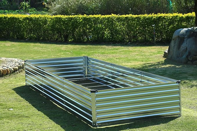 Meberam 2 Pack 12x2x1FT Galvanized Raised Garden Bed Kit, Outdoor Metal Planter Box for Vegetables, Bottomless Rectangular Gardening Bed with Support Rods, Tool-Free Assembly, Silver