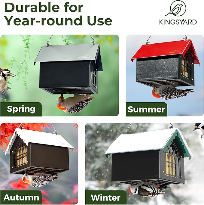 Kingsyard Double Upside Down Suet Feeder with Weatherproof Roof, All Metal Suet Feeders for Outdoors Hanging, Great for Downy Woodpecker Nuthatch Chickadee, Red