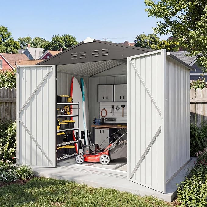 Greesum 8x6FT Outdoor Storage Shed with Base, Utility Tool Shed with Sloping Roof, Metal Storaged Garden Shed with Door & Lock for Patio Storage, White