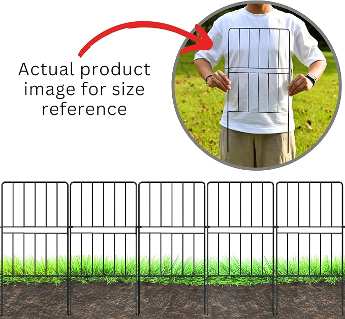 ShopLaLa Bundle- 20-Pack, 24 Inch Decorative Garden Fence + 4-Pack Set Wooden Box Planter Hanging Wall Pot Modern Vase Indoor Home No Dig Black Landscape Fencing Rustproof Metal Wire Border Outdoor
