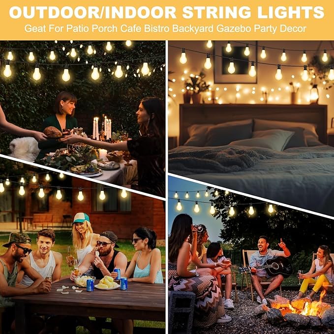50FT Outdoor String Lights Waterproof with 32+2 Bulbs (1.5FT Bulbs Spacing), Remote & Dimmer, Commercial Patio String Lights with 3 Mode Light & Timing, 50PC Mounting Ties for Outside