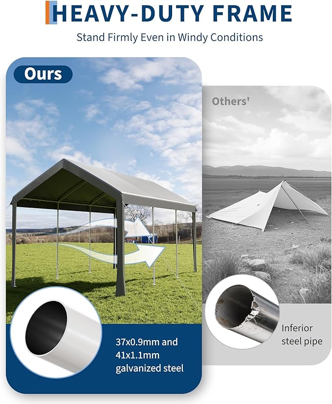 10 Ft x 20 Ft Carport Canopy, Portable Heavy Duty Garage Shelter with 8 Legs, Outdoor Car Shelter Tent with All-Season Tarp for Car, Truck, SUV, Boat