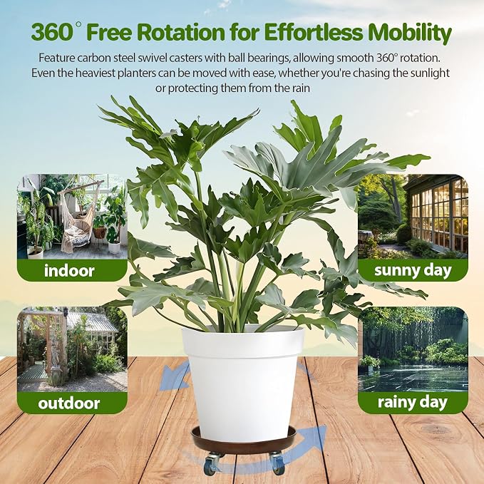 Plant Caddy with Wheels, 14" Heavy Duty Metal Plant Dolly, 390 lb Capacity Rolling Plant Stand with 360° Locking Casters, Waterproof Planter Tray and Saucer for Indoor Outdoor Large Pots