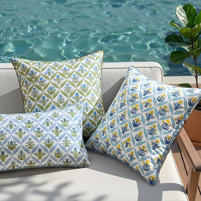 ANRODUO Floral Outdoor Pillow Covers 16x16 Waterproof Set of 2 Block Print Accent Decorative Cushion Cases with Refined Edge Piping for Spring Patio Porch Garden Couch Sofa Bench Decor Yellow