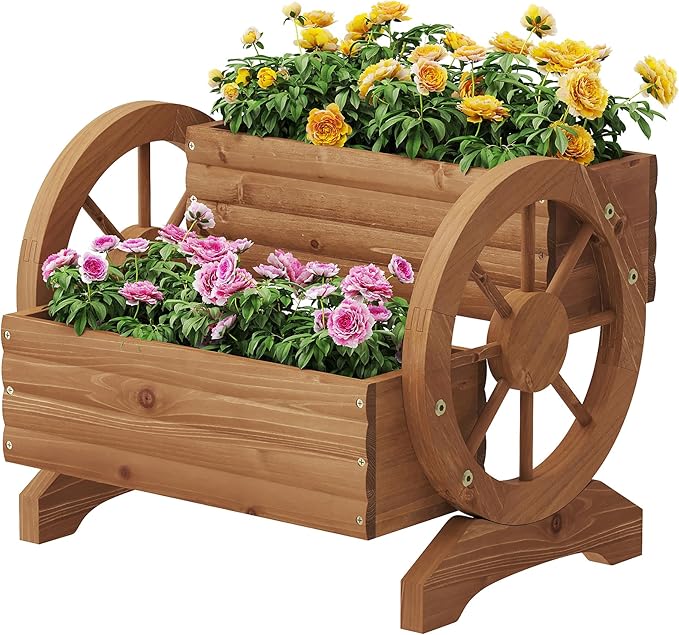 FILWH Wooden Wagon Planters for Outdoor Plants, Flower Cart, Wood Planter Boxes Outdoor, Backyard Decor, Flower Planters Outdoor with Wheels Planter for Flowers Vegetables (Brown)
