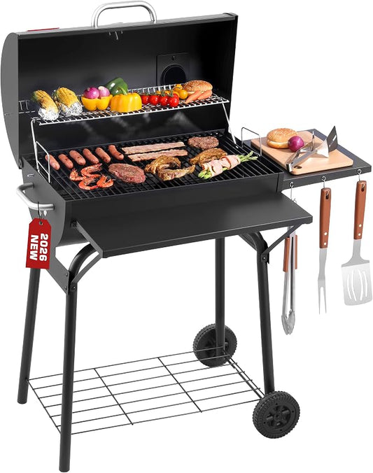 Barrel Charcoal Grill, 554 Sq.In Large BBQ Grill & Smoker with Warming Rack, 4-Position Charcoal Pan, Thermometer, Side & Front Tables, Wheels for Outdoor Backyard Patio