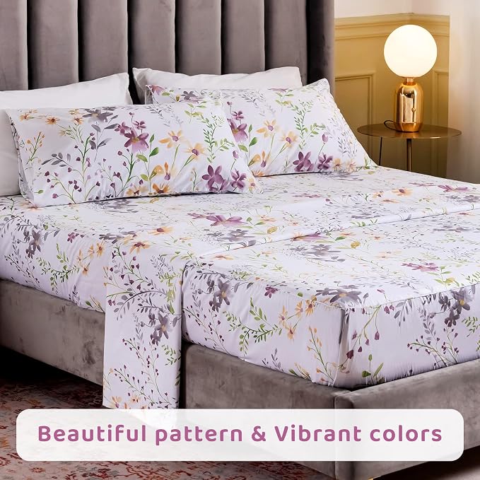 QSH 100% Egyptian Cotton Cal King Sheets, Yellow Flower Plant Pattern Botanical Luxury Cotton Printed Flower California King Bedding Sheets, 4pcs Deep Pocket California King Floral Bed Sheet Set