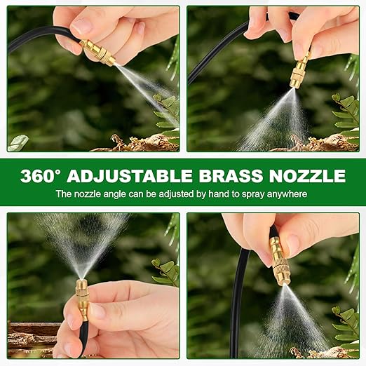 Drip Irrigation System, 100FT 1/4" Garden Watering for Outdoor Plants & Raised Beds, 30pcs Upgraded Brass Nozzles 360° Adjustable Misting Kit, UV-Resistant Tubing for Greenhouse, Lawn & Patio Cooling
