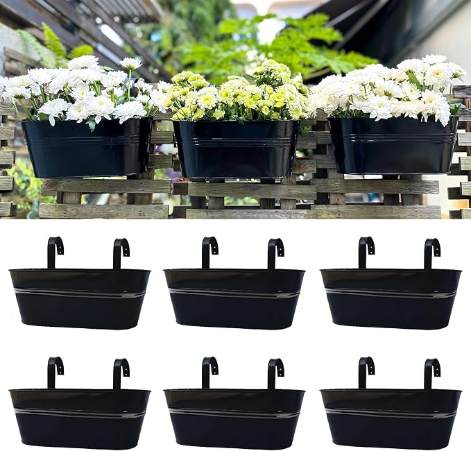 LaLaGreen Outdoor Plants Rail Planter (15 Inch, 6 Pack) Black Metal Iron Hanging Flower Pots Deck Railings Fence Balcony Buckets Modern Boho Style Window Box Plant Holder Hooks Porch Home Garden Decor
