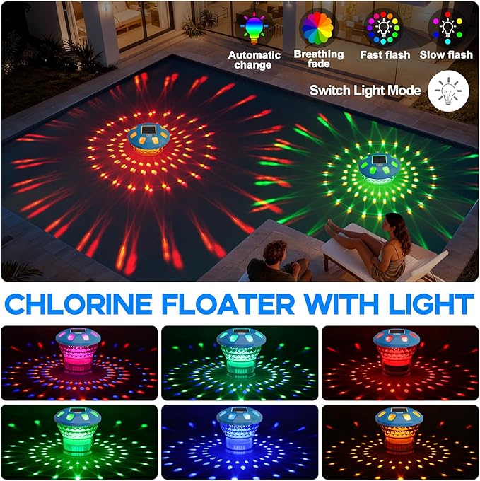 Pool Chlorine Floater, Solar Chlorine Floater with Colorful Lights, 3 Inch Chlorine Tabs Floater w/Adjustable Flow, Button Control Floating Chlorine Dispenser for Pools, Hot Tubs, Light Blue