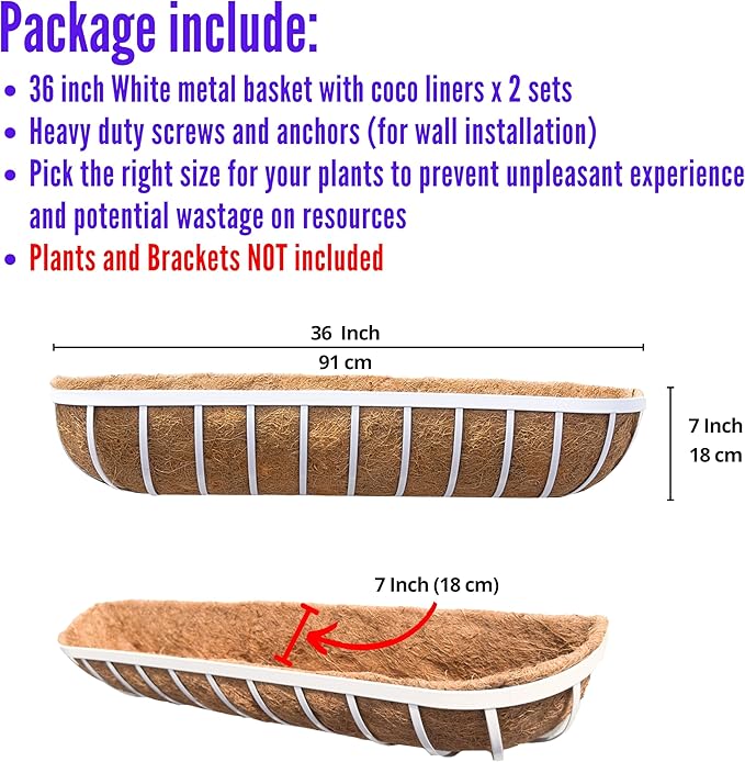 LaLaGreen Outdoor Planter Boxes (36 Inch, 2 Pack) White Metal Deck Railings Flower Box with Coco Liner, Rectangular Wall Planters for Window Plants Horse Troughs Fence Balcony Modern Herb Patio Porch