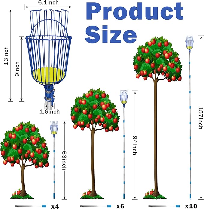 Fruit Picker Upgraded Round Claws Can Reduce Fruit Damage Lengths from 5 to 13 Feet Fruit Picker Pole with Basket Adjustable Suitable for Cherry Lemon Pear Mango Trees and More (65inch)