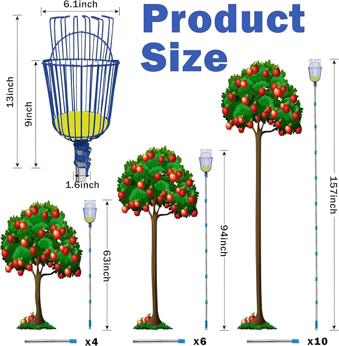 Fruit Picker Upgraded Round Claws Can Reduce Fruit Damage Lengths from 5 to 13 Feet Fruit Picker Pole with Basket Adjustable Suitable for Cherry Lemon Pear Mango Trees and More(160inch)