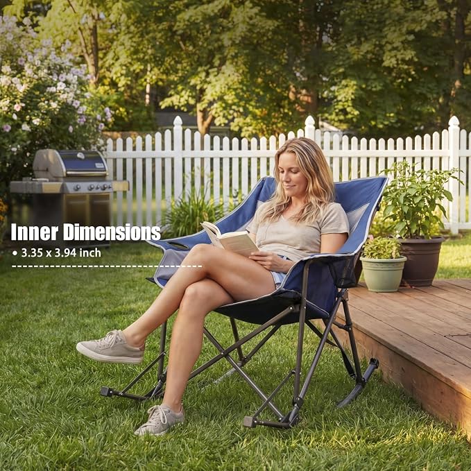 SUNNYFEEL Oversized Folding Rocking Camping Chair Fully Padded Patio Chair Blue Portable Outdoor Rocker High Back Portable Lawn Recliner with Side Pocket Camp Rocker Chairs Heavy Duty 500 LBS